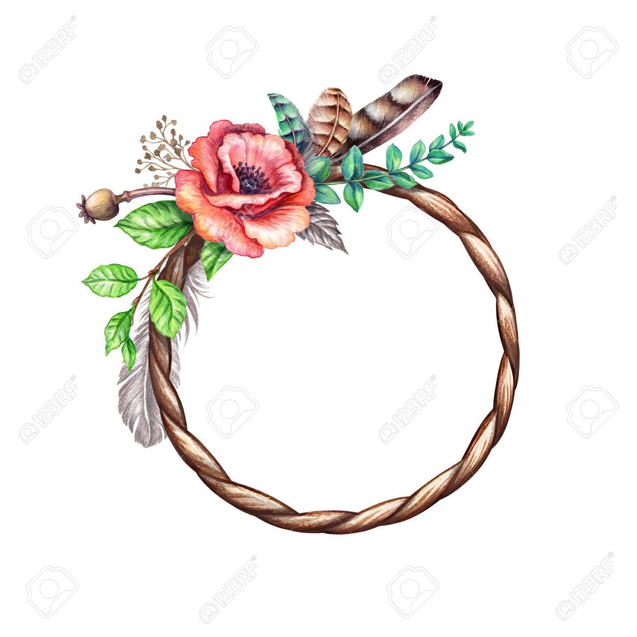 Watercolor Boho Illustration Tribal Wreath Floral Round Frame Spring Rustic Flowers Watercolor Boho Illustration Tribal Wreath Floral Round Frame Spring Rustic Flowers