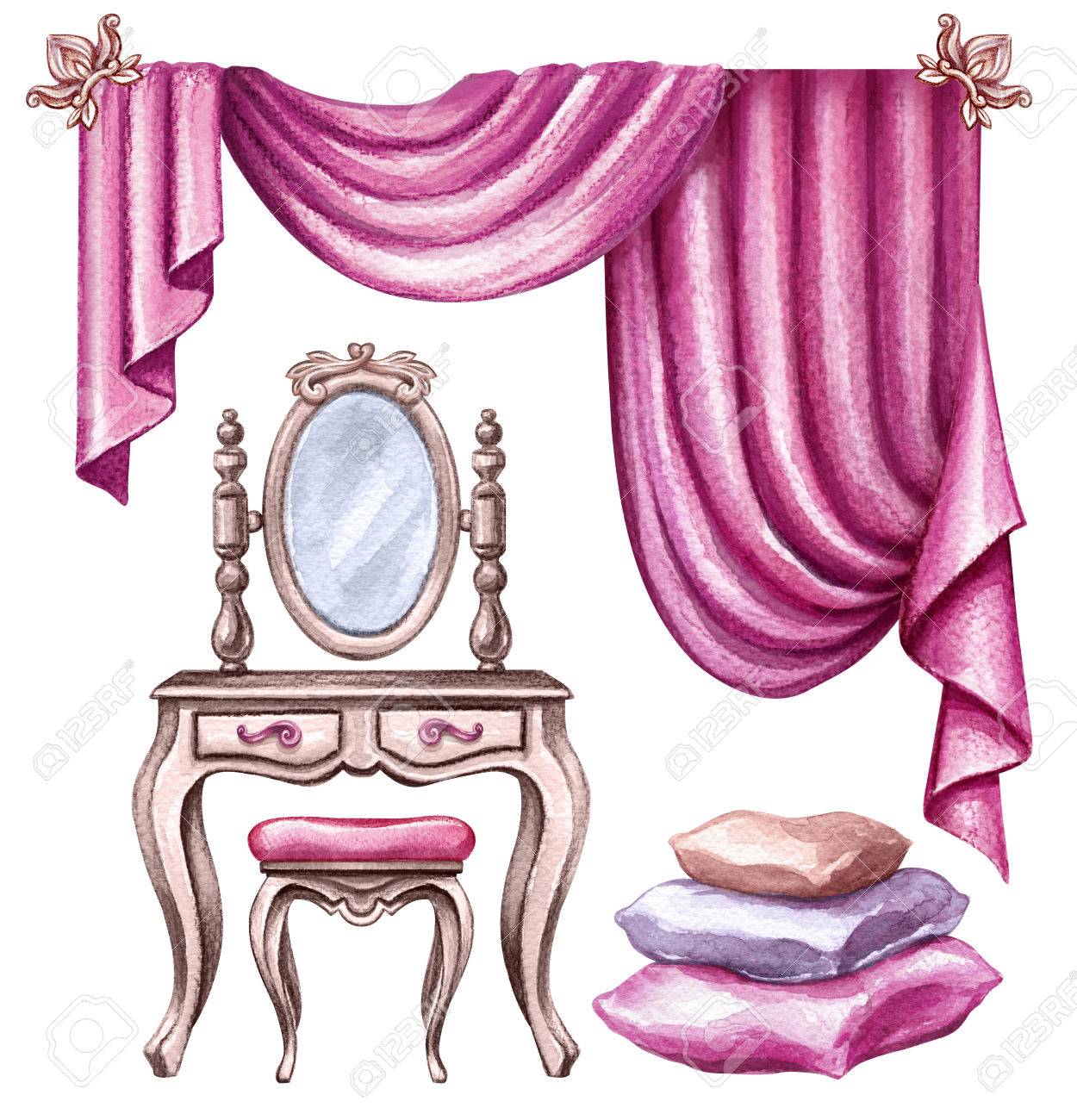 水彩イラスト インテリア デザインの要素 窓のカーテン カーテン 鏡 椅子 枕 私室の家具 白い背景で隔離のクリップアート の写真素材 画像素材 Image