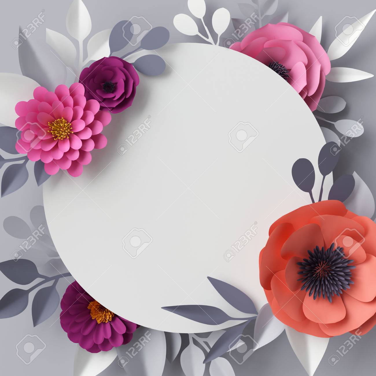 3d render abstract paper flowers floral background blank round paper flower picture frame