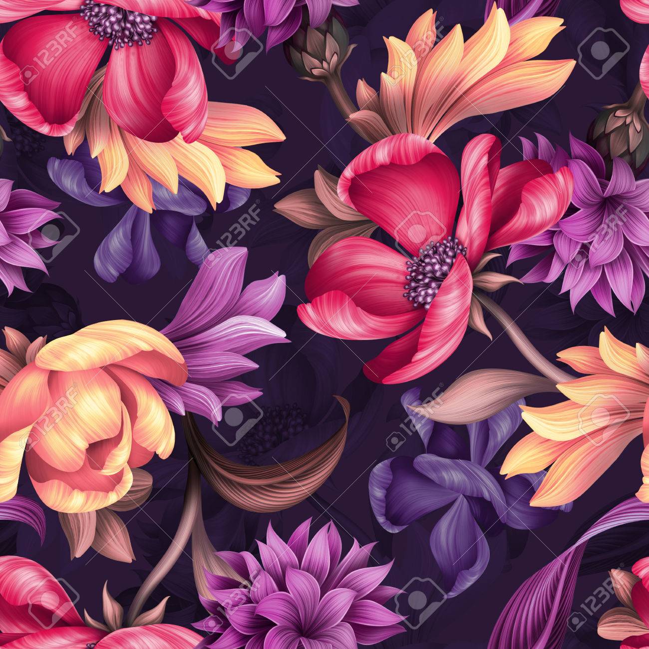 Seamless Floral Pattern Wild Red Purple Flowers Botanical Illustration Colorful Background Textile Design Stock Photo Picture And Royalty Free Image Image 82601313