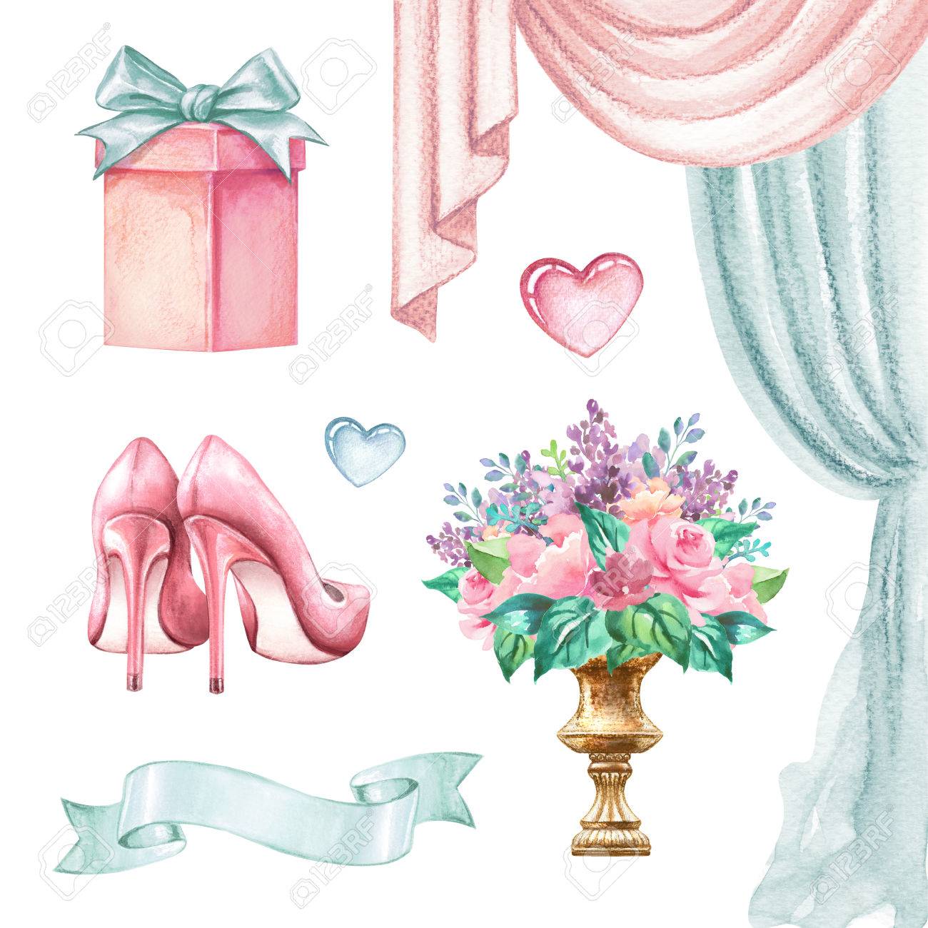 水彩結婚式イラスト お祭りのアクセサリー ブライダルの要素 白い背景で隔離のクリップアート の写真素材 画像素材 Image