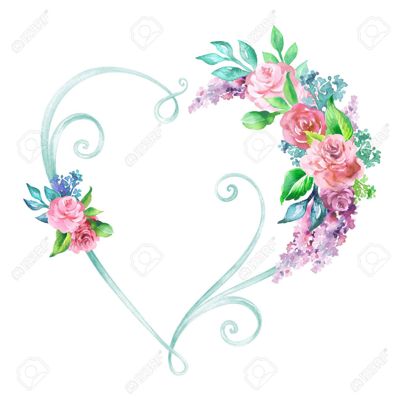 水彩イラスト お花のハート フレーム 装飾的な形状は 結婚式の花の装飾 白い背景で隔離のクリップアート の写真素材 画像素材 Image