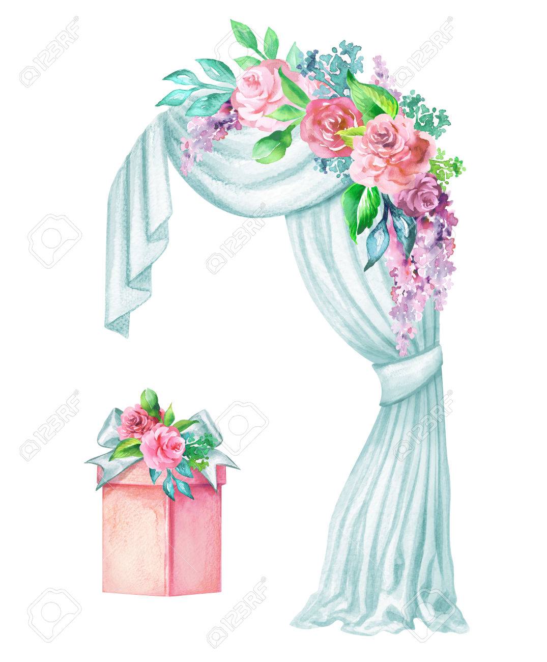 watercolor wedding illustration decorative arch window curtain