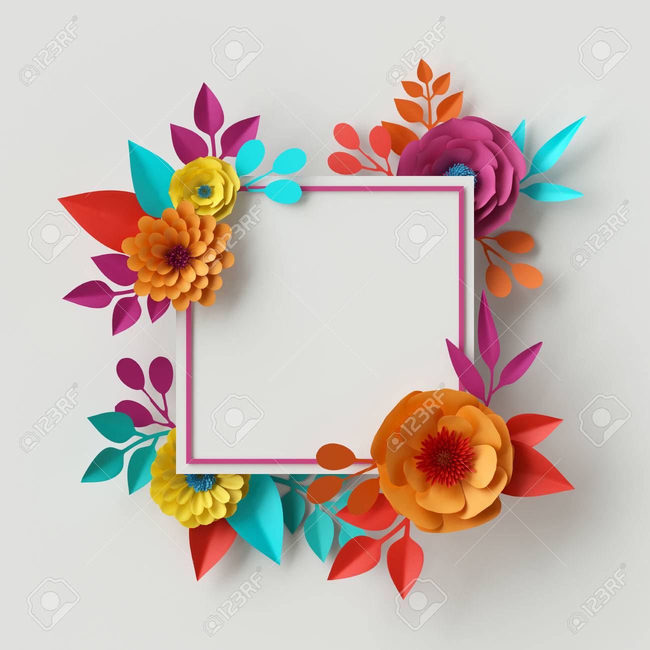 3 D レンダリング デジタル イラスト 抽象的なフレーム カラフルな紙の花 クイリング クラフト 手作りのお祭りの装飾 鮮やかな花の背景 ミント ピンク黄色 長方形のカード テンプレート の写真素材 画像素材 Image