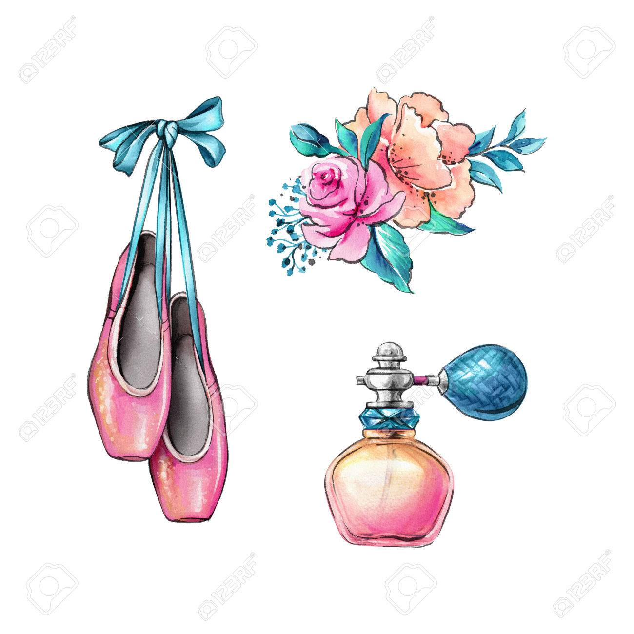 watercolor illustration ballerina shoes flowers fragrance stock