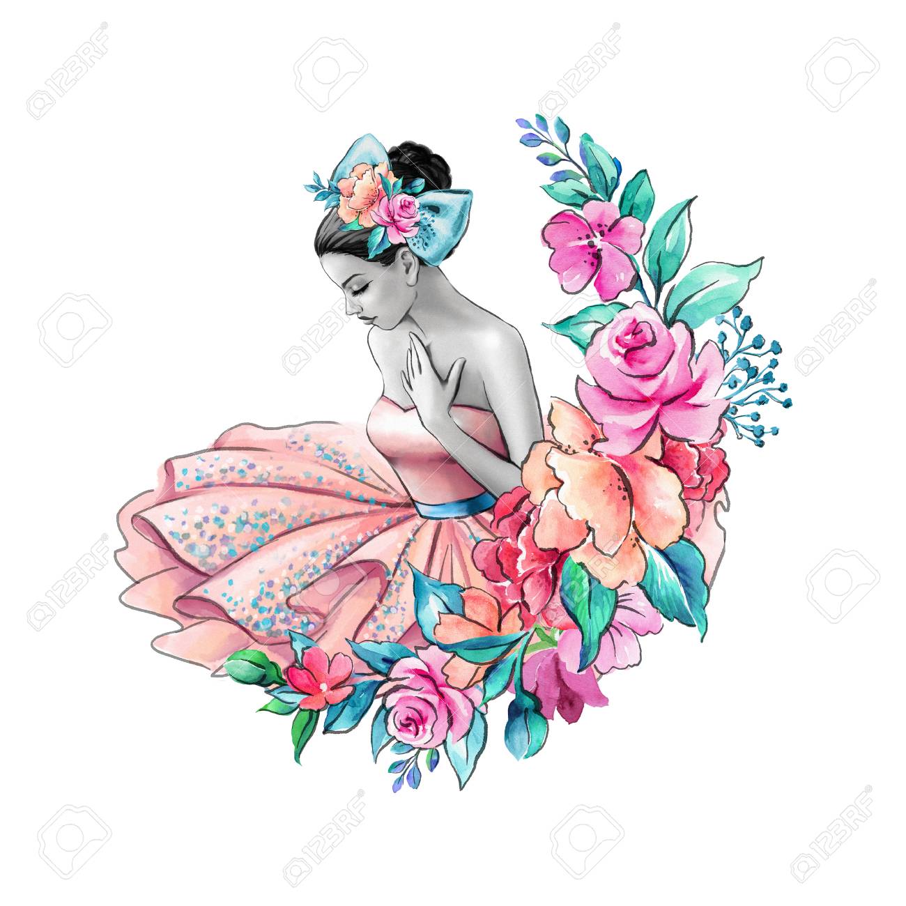 Watercolor Illustration, Flower Girl, Floral Wedding, Young Lady