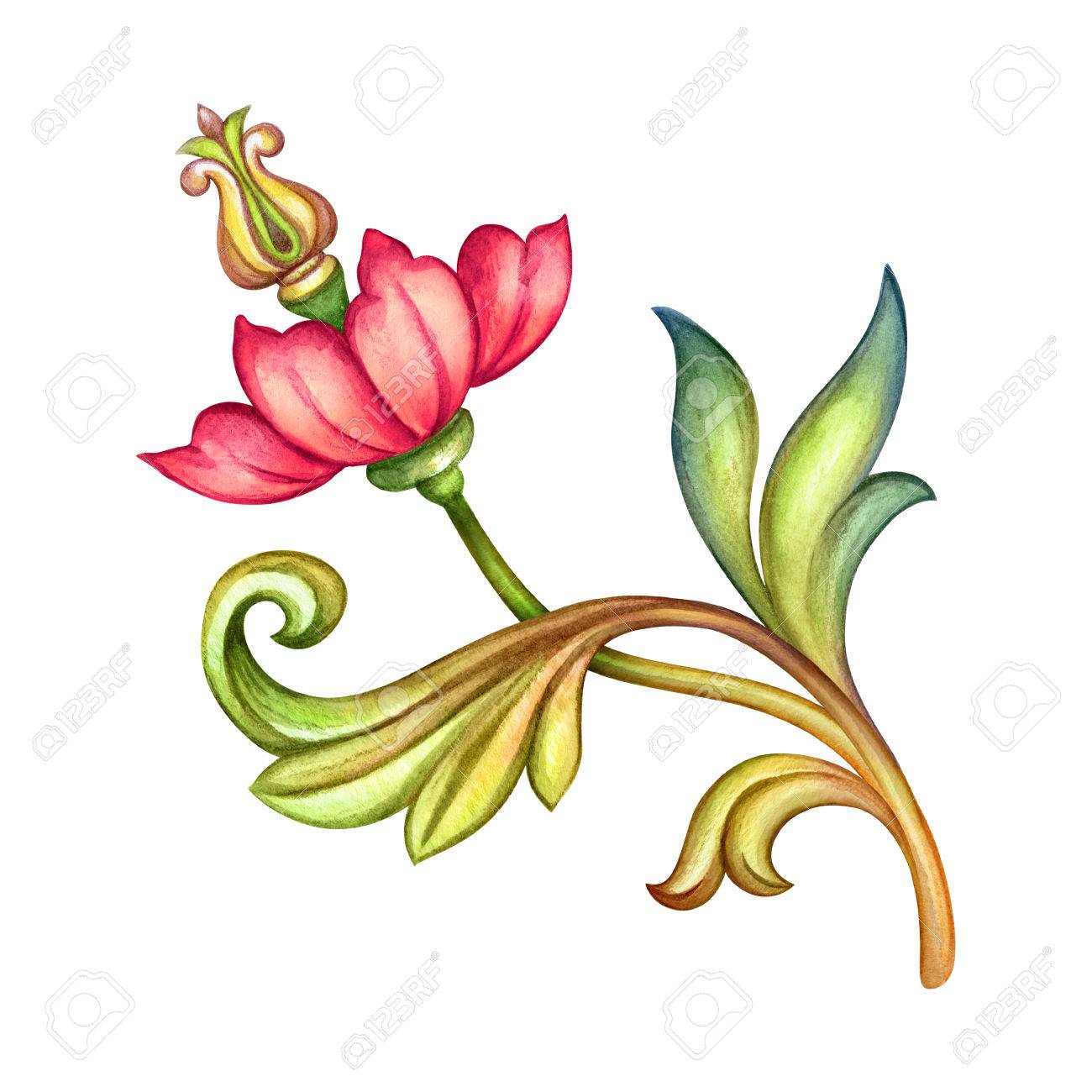 水彩イラスト 赤い花 緑の葉 アンティークなデザイン要素 中世の花飾り ビンテージ パターン 白い背景で隔離のクリップアート の写真素材 画像素材 Image