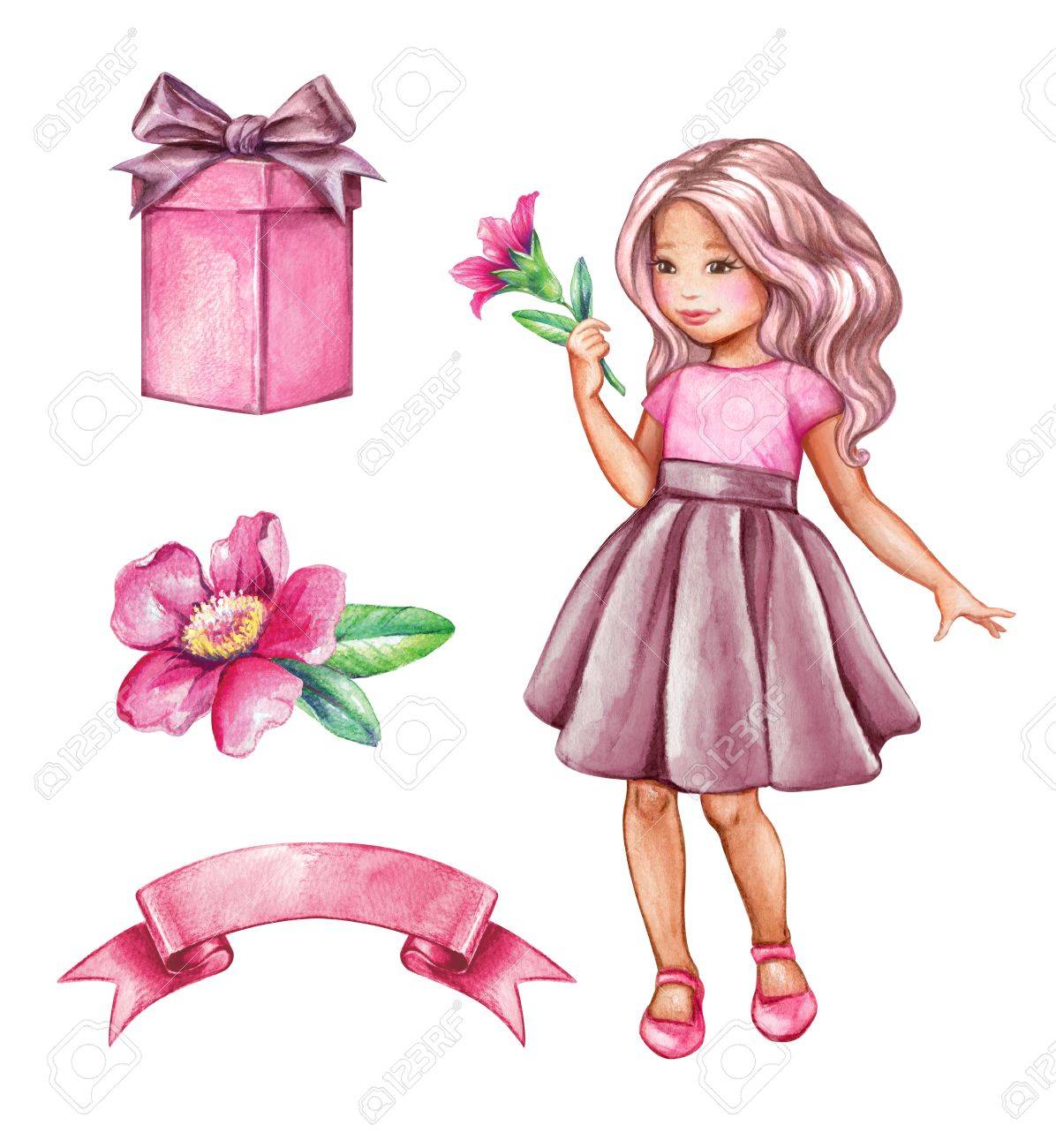 水彩イラスト 持株ピンク花でピンクのドレスの女の子 かわいい小さなコケット 白い背景で隔離の女の子らしいクリップアート の写真素材 画像素材 Image