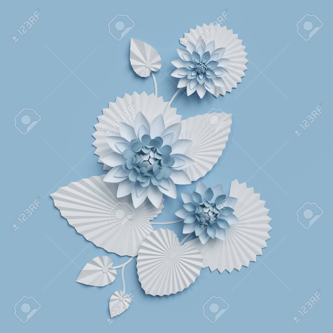 3d Render Flores De Loto De Papel Decoracion De Pared Azul