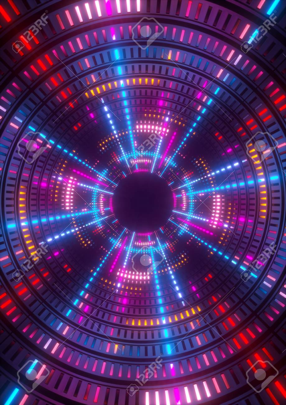 3d render purple blue pink neon lights round hole tunnel