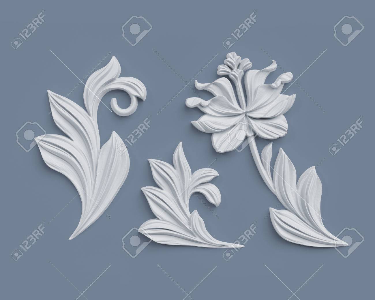 3 D レンダリング 花のデザイン要素 抽象的な植物のクリップアート 古典的な建築装飾 白漆喰 救済花 の写真素材 画像素材 Image