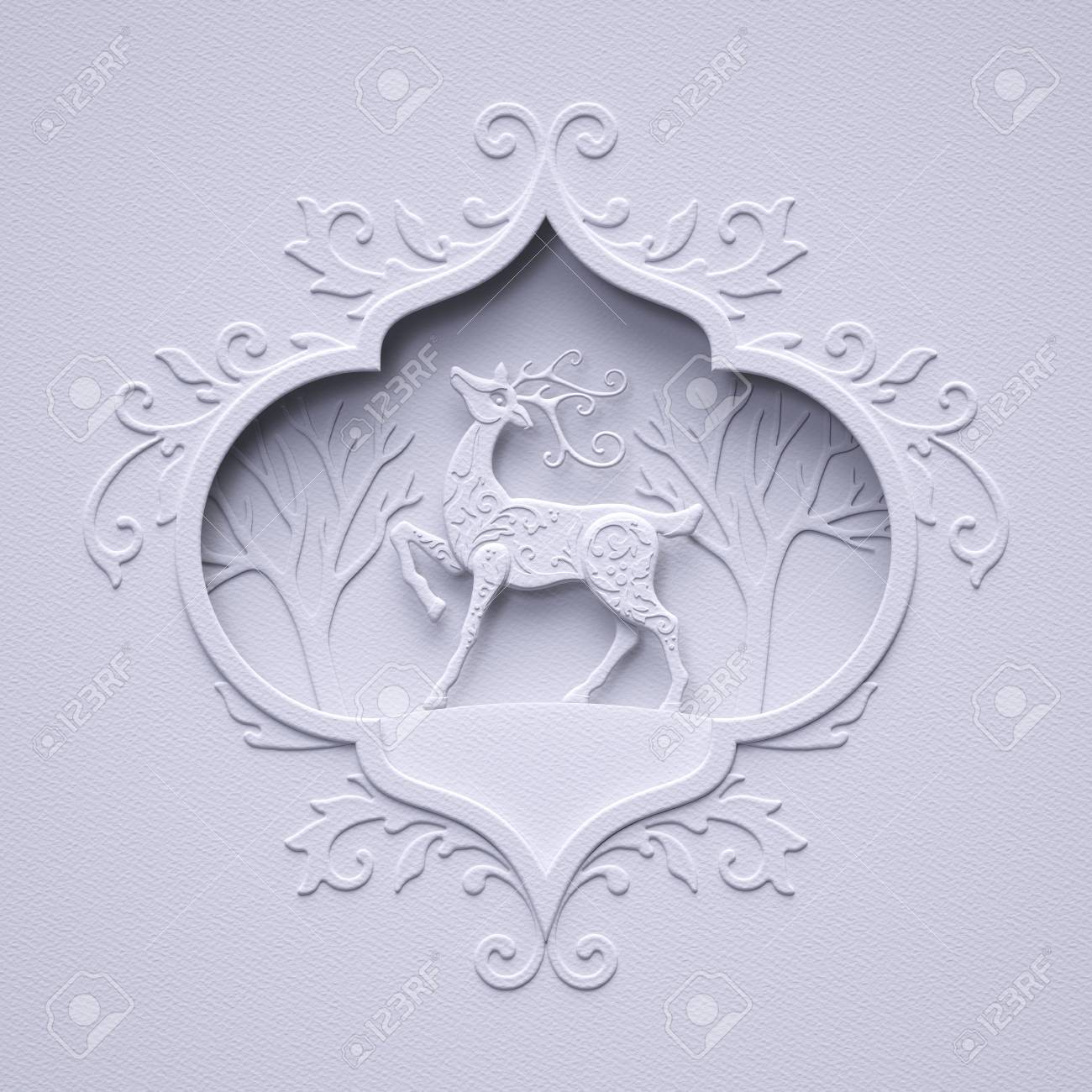 Download 3d Render Reindeer Stag White Forest Trees Embellished Frame Christmas Greeting Card Vintage Ornament White Paper Cut Winter Scene Flat Layers Paper Texture Stock Photo Picture And Royalty Free Image Image 90434334