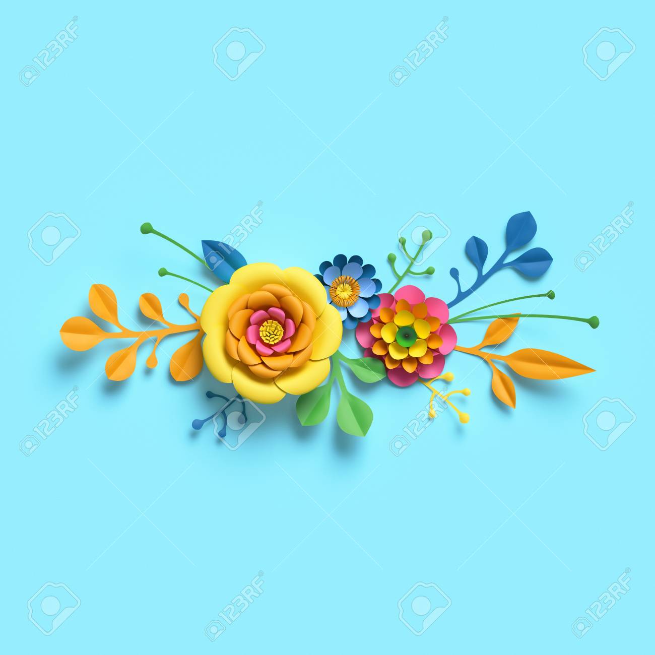 3d render craft paper flowers festive floral bouquet horizontal paper flower embellishment