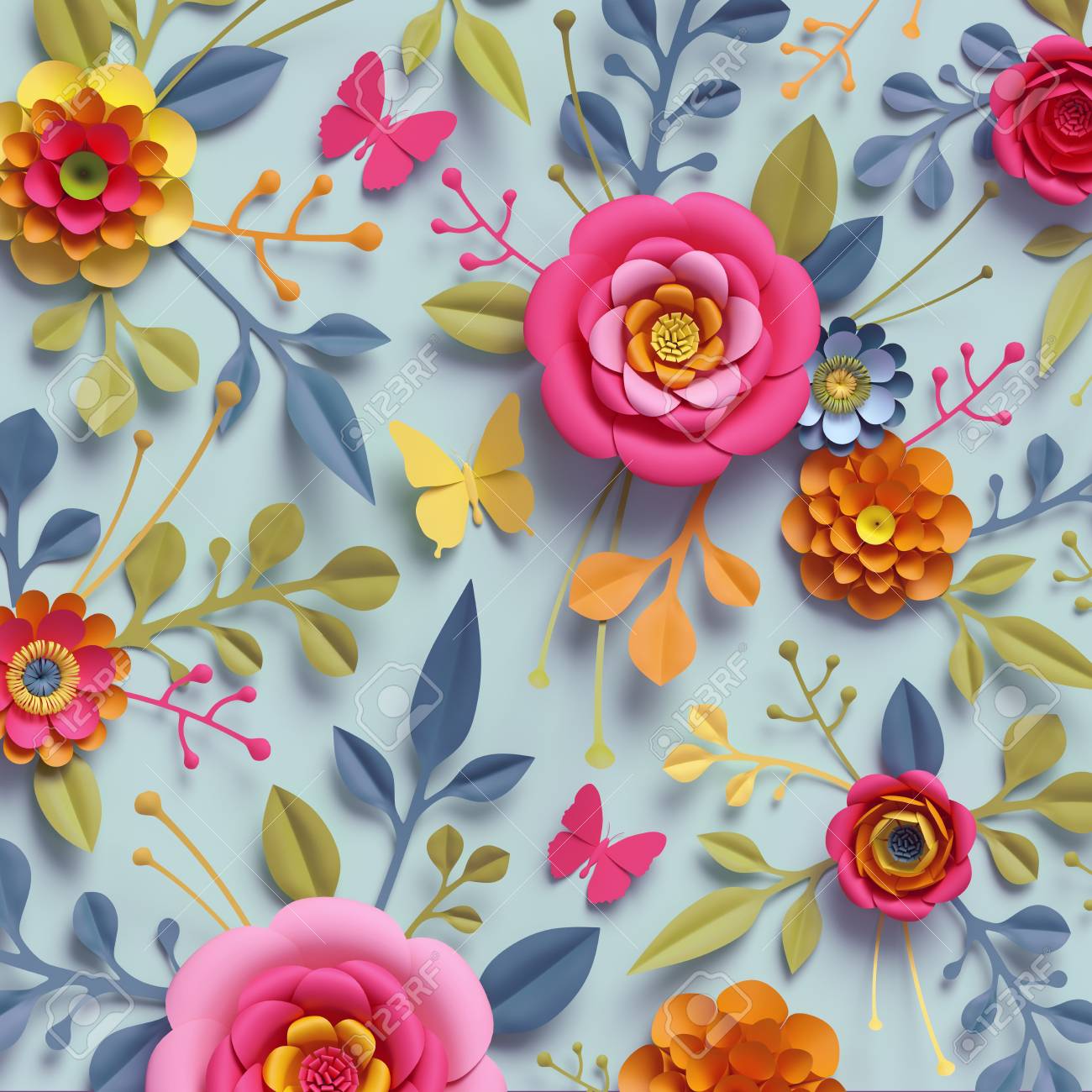 3d render craft paper flowers fall botanical wallpaper paper flower wallpaper