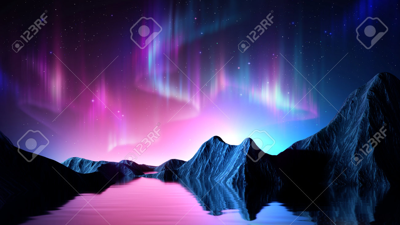 アラスカのデナリにかかる赤いオーロラの幻想絵画