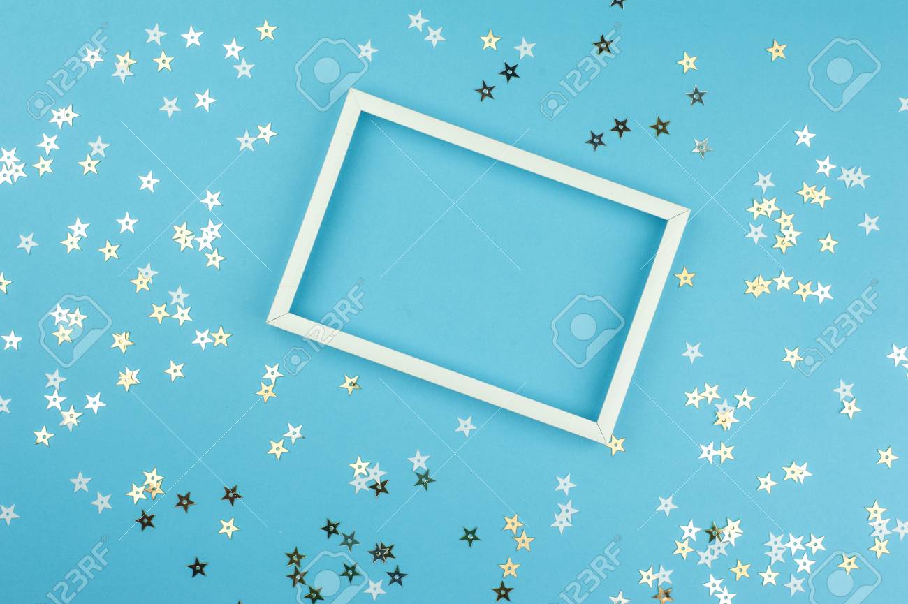 Download White Picture Frame And Sequins Stars On Blue Background Top View Flat Lay Mockup For Party Or Birthday Invitation Stock Photo Picture And Royalty Free Image Image 101582197