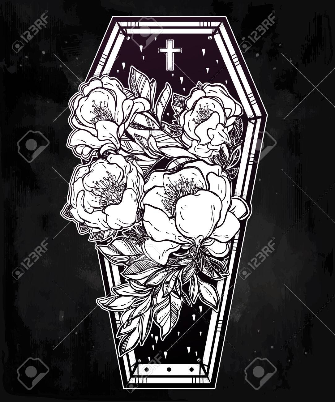 decorative coffin in flash tattoo style with dark romantic wild decorative coffin in flash tattoo style with dark romantic wild