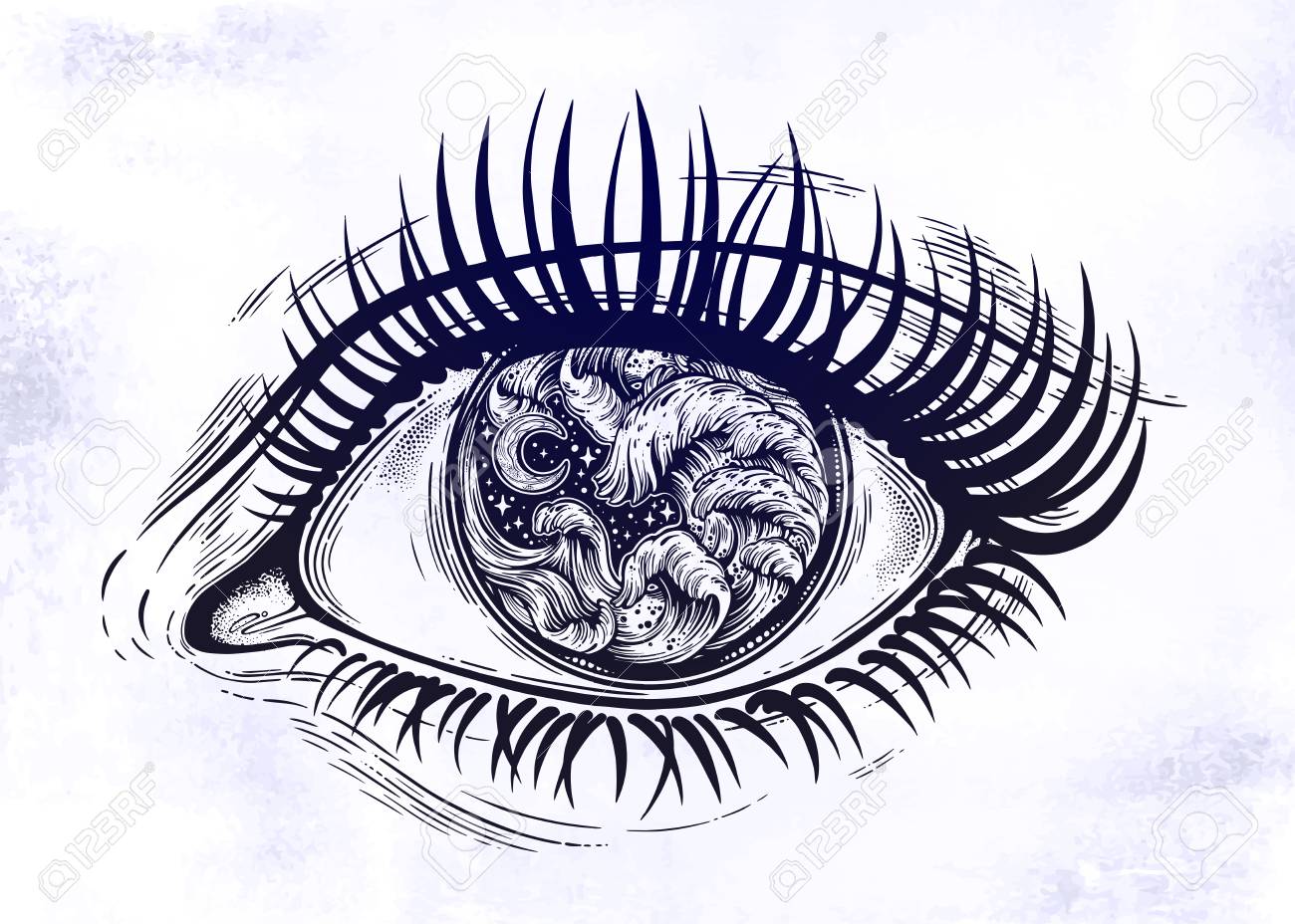 Realistic Eye With Highly Detialed Water Waves In The Night Stormy Sea With Moon Line Art Realistic Eye With Highly Detialed Water Waves In The Night Stormy Sea With Moon Line Art