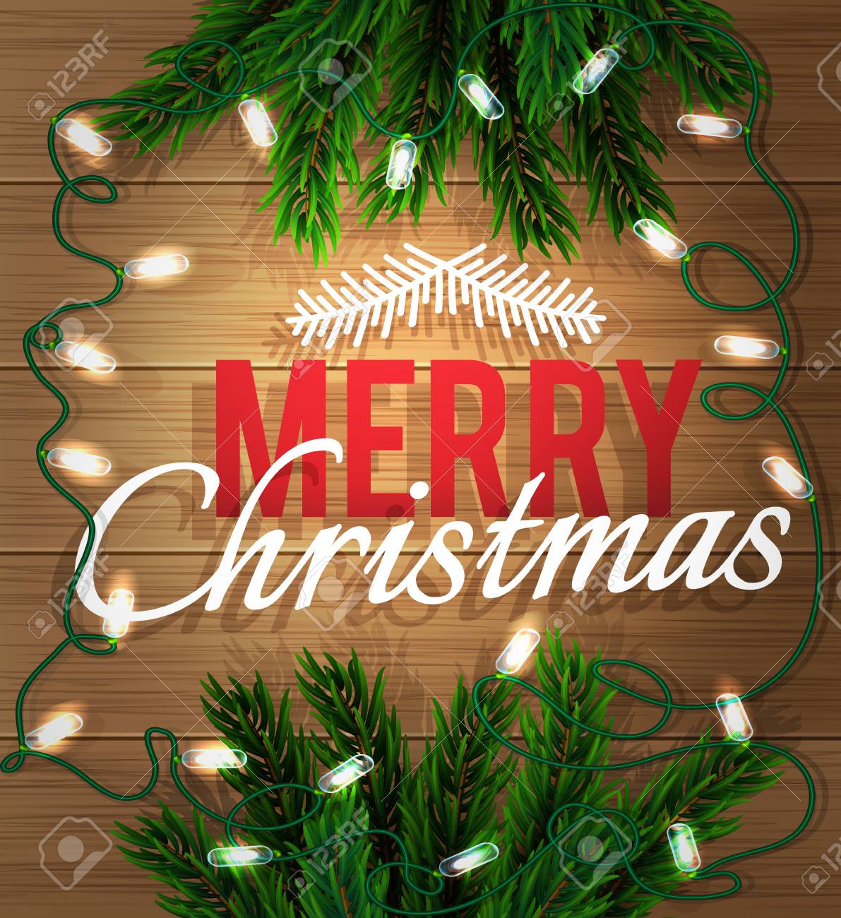 Joyeux Noel Fir Branche D Arbre Avec Une Guirlande Lumineuse Sur Une Planche De Bois Noel Et Nouvel An Carte De Voeux Clip Art Libres De Droits Vecteurs Et Illustration Image