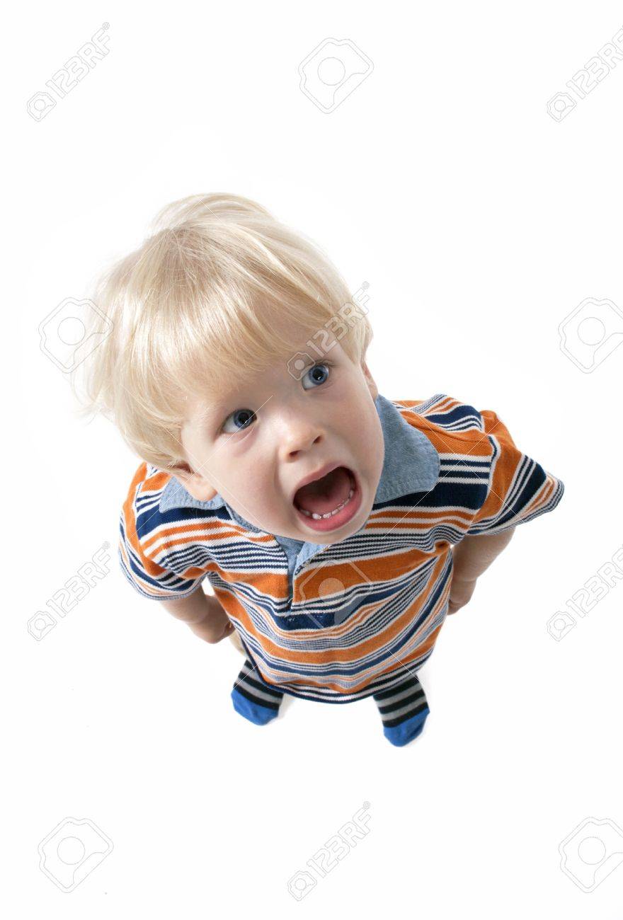 adorable blonde hair baby boy screaming and crying stock photo