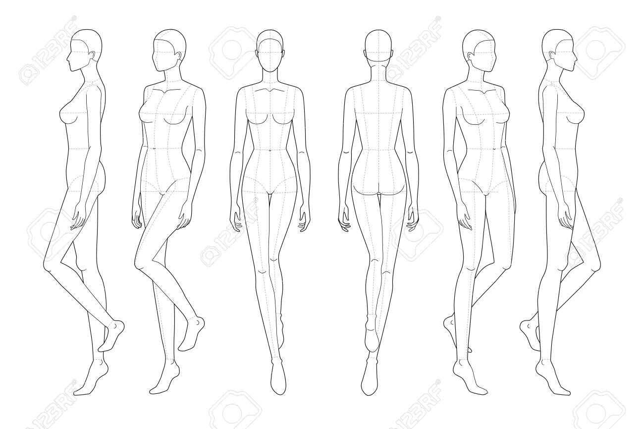 Fashion Template Of Walking Women. 20 Head Size For Technical Inside Blank Model Sketch Template