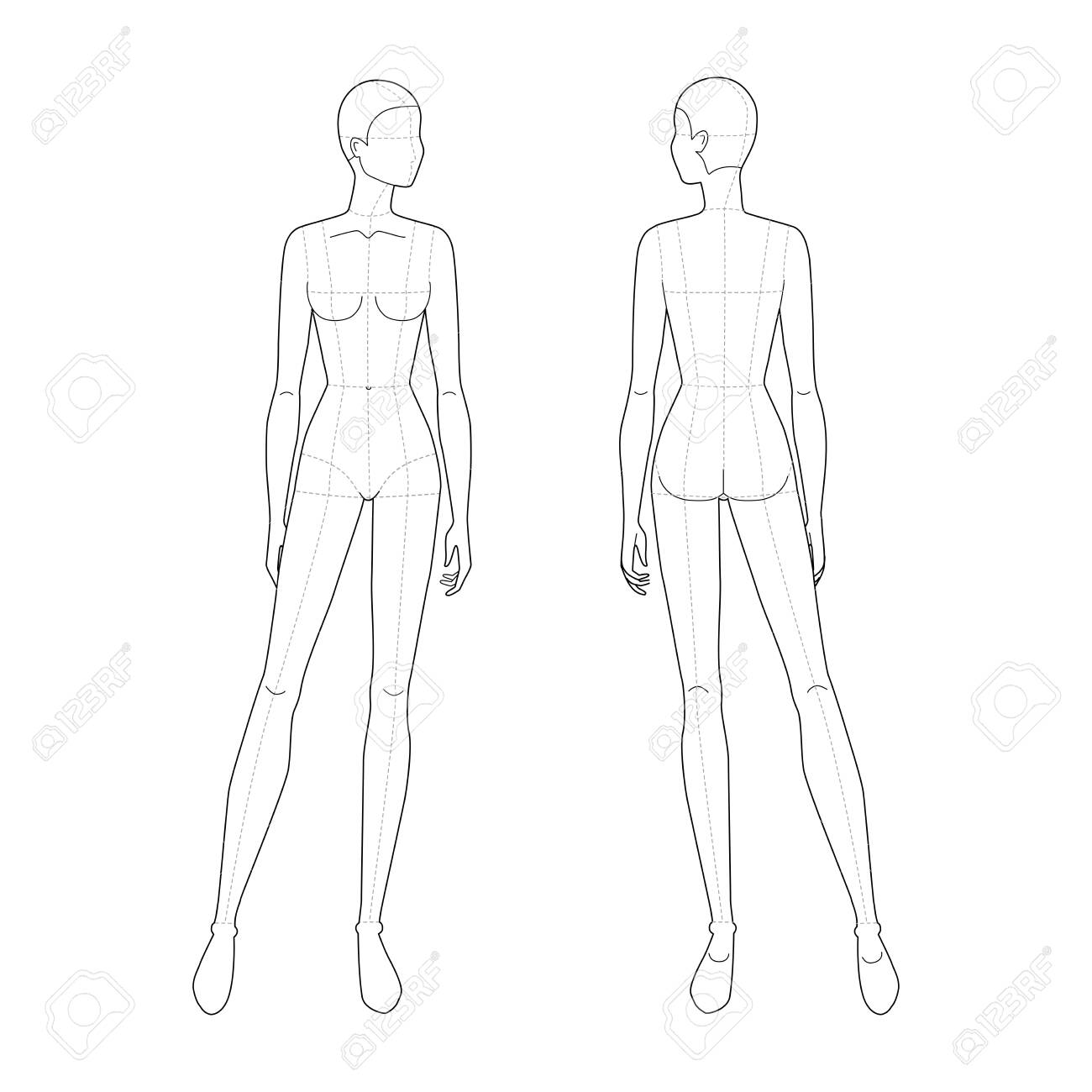 Fashion Template Of Standing Women Looking Right. 20 Head Size For Inside Blank Model Sketch Template