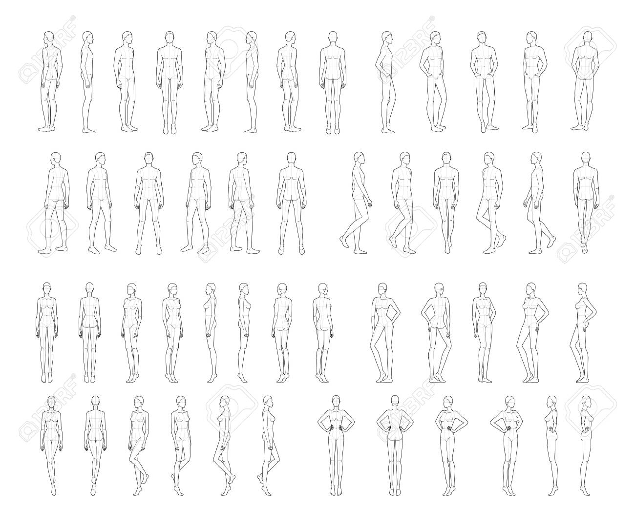 Modelo de moda de mulheres em poses diferentes 9 tamanho de cabeça para  desenho técnico