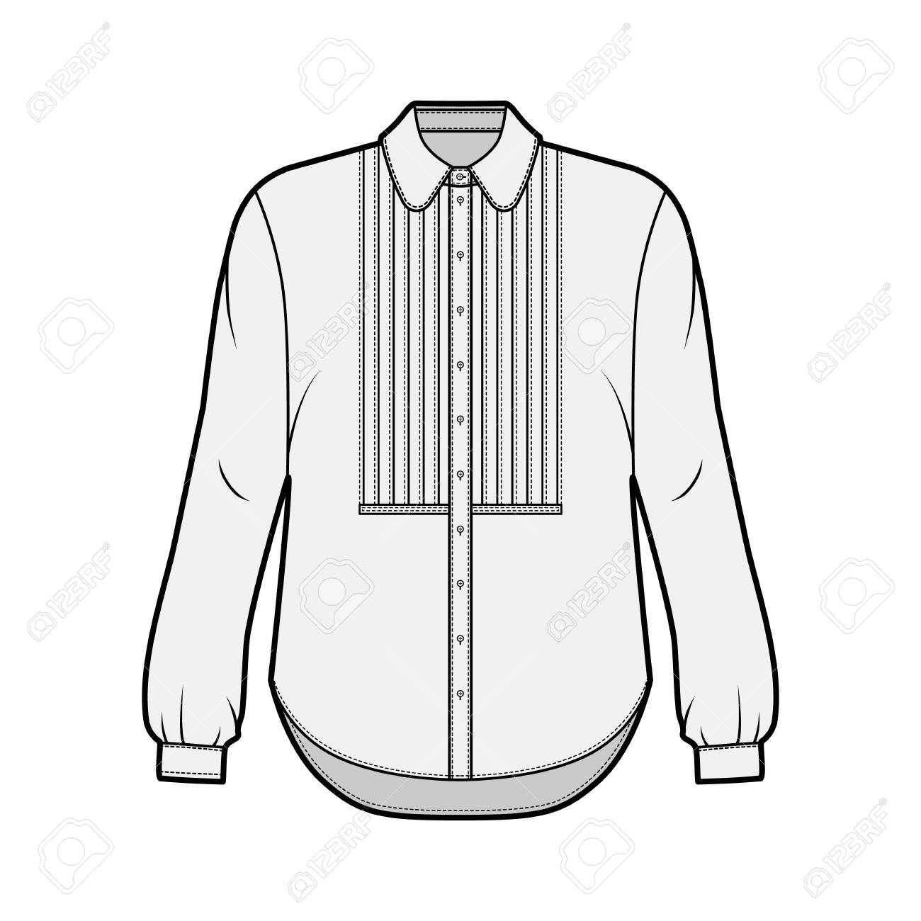 Shirt Technical Fashion Illustration With Bib, Button Down Front Opening,  Round Collar, Long Sleeves With Cuff, Oversized Body. Flat Apparel Template  Front Grey Color. Women, Men Unisex CAD Mockup Royalty Free SVG,, image size:1300x1300