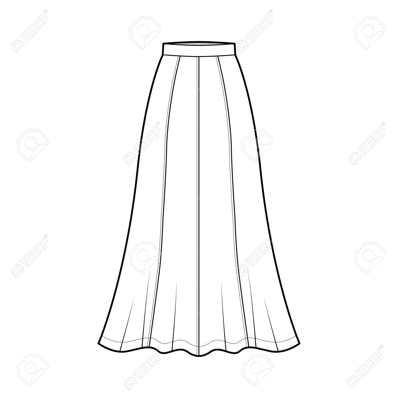 Skirt maxi eight gore technical fashion illustration with ankle lengths silhouette, semi-circular fullness. Flat bottom template front, white color style. Women, men, unisex CAD mockup - 158074715 Skirt maxi eight gore technical fashion illustration with ankle lengths silhouette, semi-circular fullness. Flat bottom template front, white color style. Women, men, unisex CAD mockup - 158074715