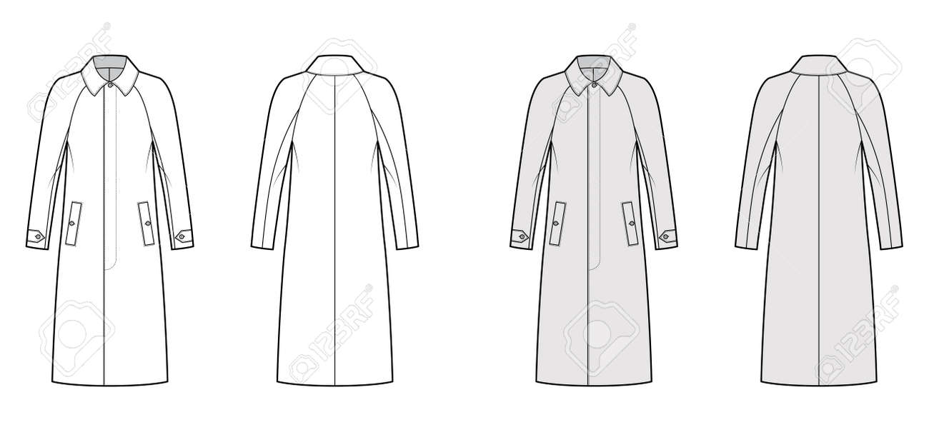 Mackintosh coat technical fashion illustration with raglan long sleeves, regular collar, midi length. Flat rubber jacket template front, back, white, grey color style. Women, men unisex top CAD mockup - 166716782 Mackintosh coat technical fashion illustration with raglan long sleeves, regular collar, midi length. Flat rubber jacket template front, back, white, grey color style. Women, men unisex top CAD mockup - 166716782