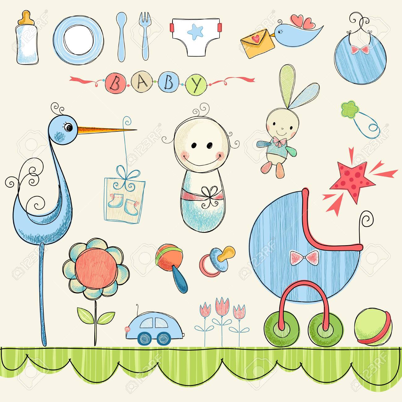 生まれたばかりの赤ちゃんの男の子のためのかわいいアイテムのセット のイラスト素材 ベクタ Image