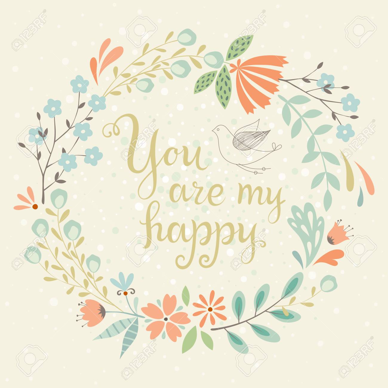 romantic card with floral wreath and bird also good for greeting ecard birthday invitation