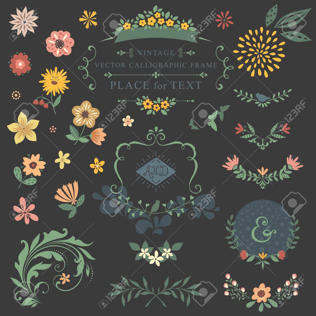 渦巻き 月桂樹 花輪 枝花と花のグラフィック セット のイラスト素材 ベクタ Image