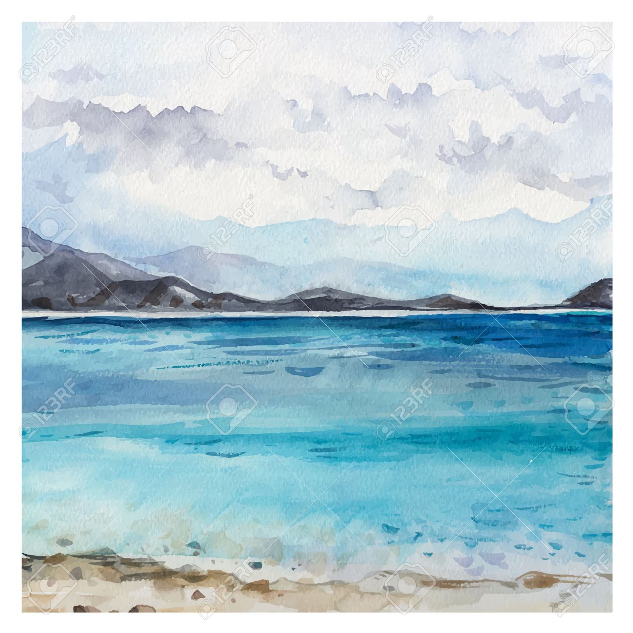 水彩画海の背景。手には、絵画が描かれました。夏の海洋風景。の