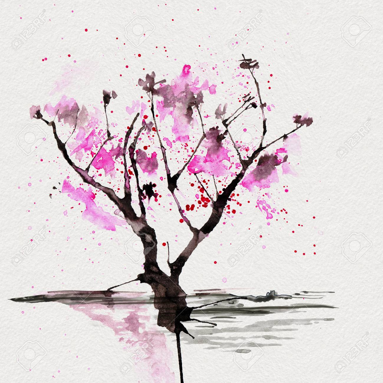 Sakura Tree In Japanese Style Watercolor Hand Painting Illustration Stock Photo Picture And Royalty Free Image Image