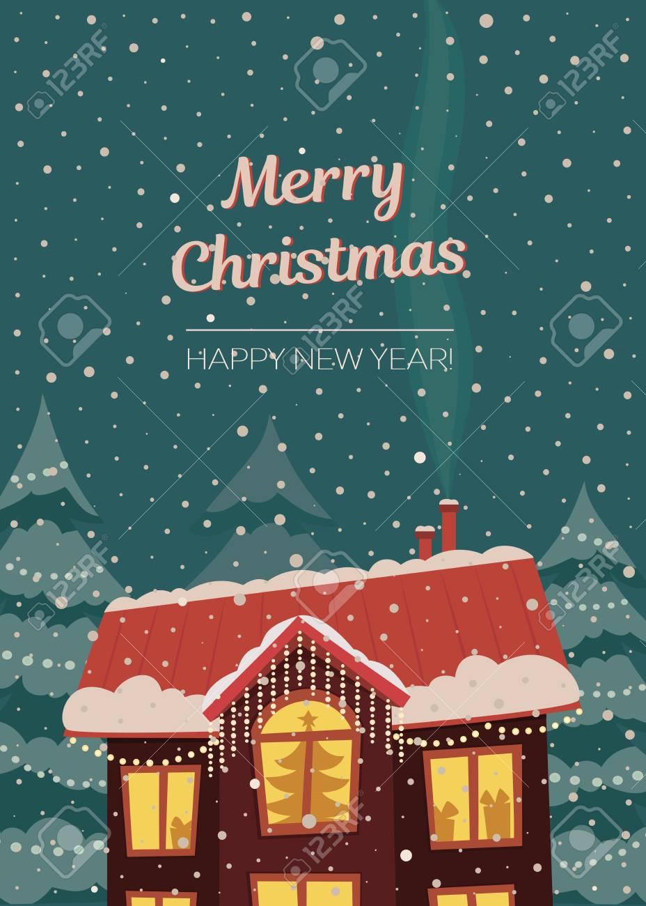 Buon Natale Con La Neve.Vettoriale Buon Natale Carta Vettoriale In Colori Retro Tenui Casa Cowerd Con Neve A Luci Natalizie E Nevicate Orienazione Verticale Image 68887344