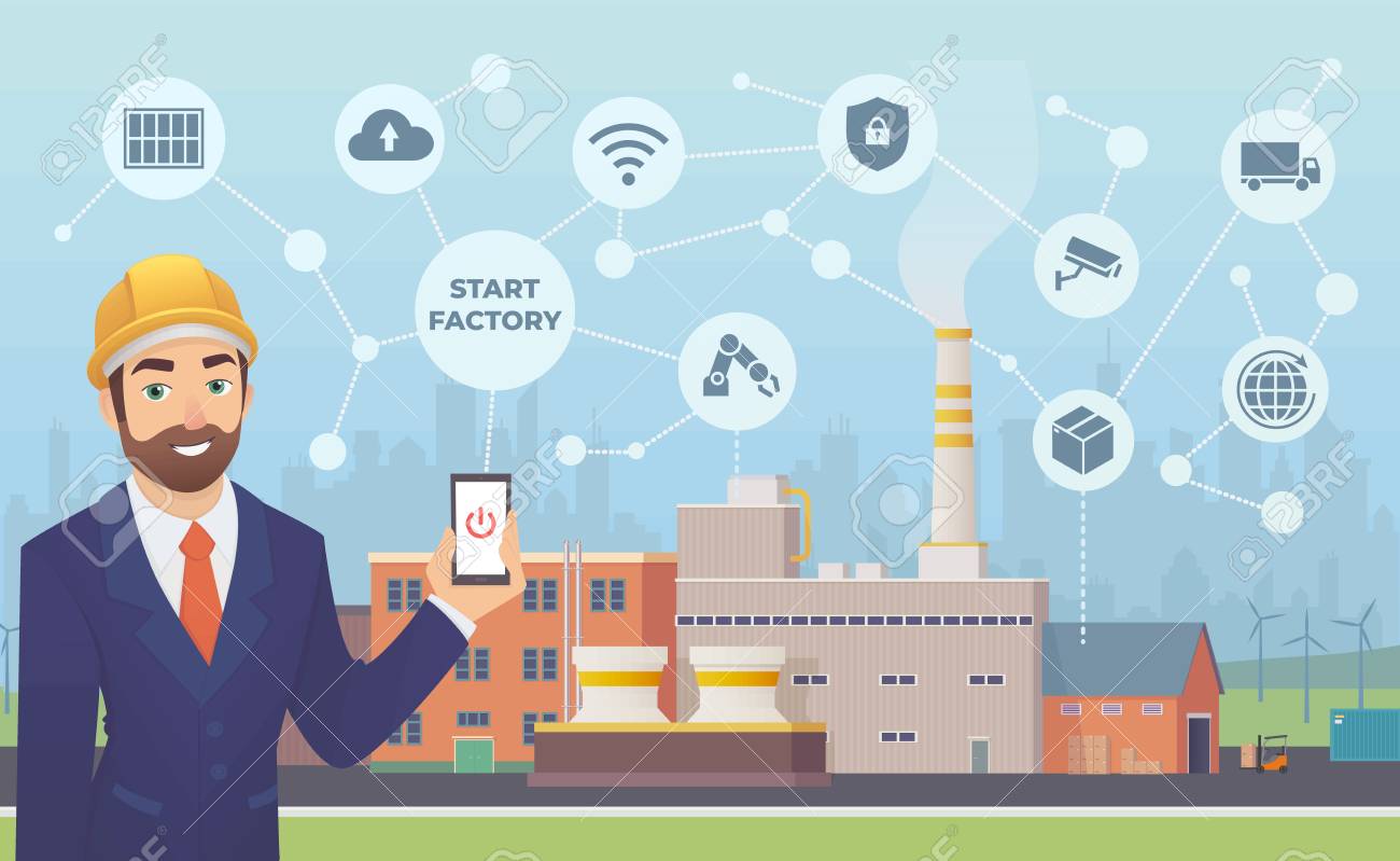 スマートファクトリー 彼の手に携帯電話を持つビジネスマンが起動し アプリケーションで巨大な植物を管理します ベクトルフラット のイラスト素材 ベクタ Image