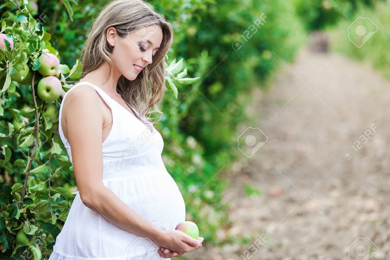 Pregnant woman posing in a green apple garden - 22354342 Pregnant woman posing in a green apple garden - 22354342