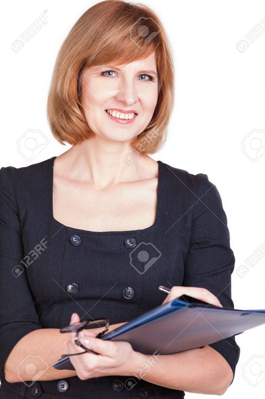Portrait of a smiling businesswoman holding paperwork isolated on a white background. - 25447115 Portrait of a smiling businesswoman holding paperwork isolated on a white background. - 25447115