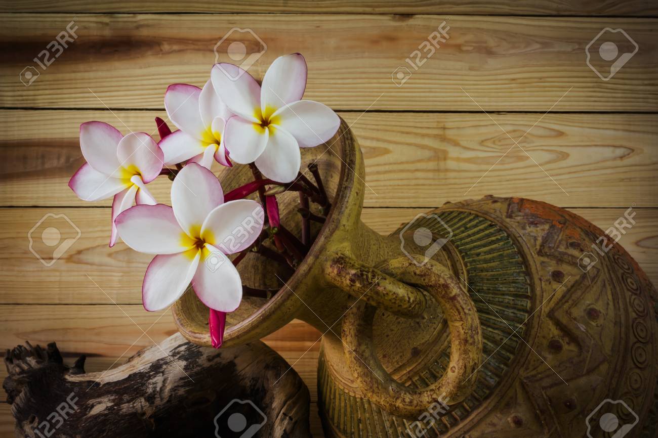 古い焼き粘土の花瓶と木材木材の背景のピンクの花プルメリア束の静物色調 の写真素材 画像素材 Image