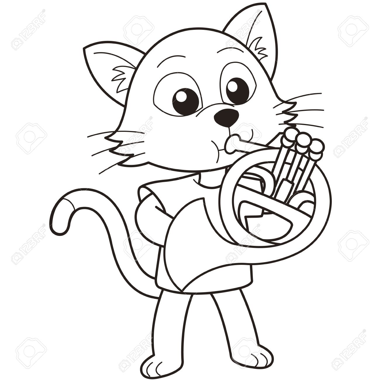 Chat De Bande Dessinée Jouant Un Cor Français En Noir Et Blanc