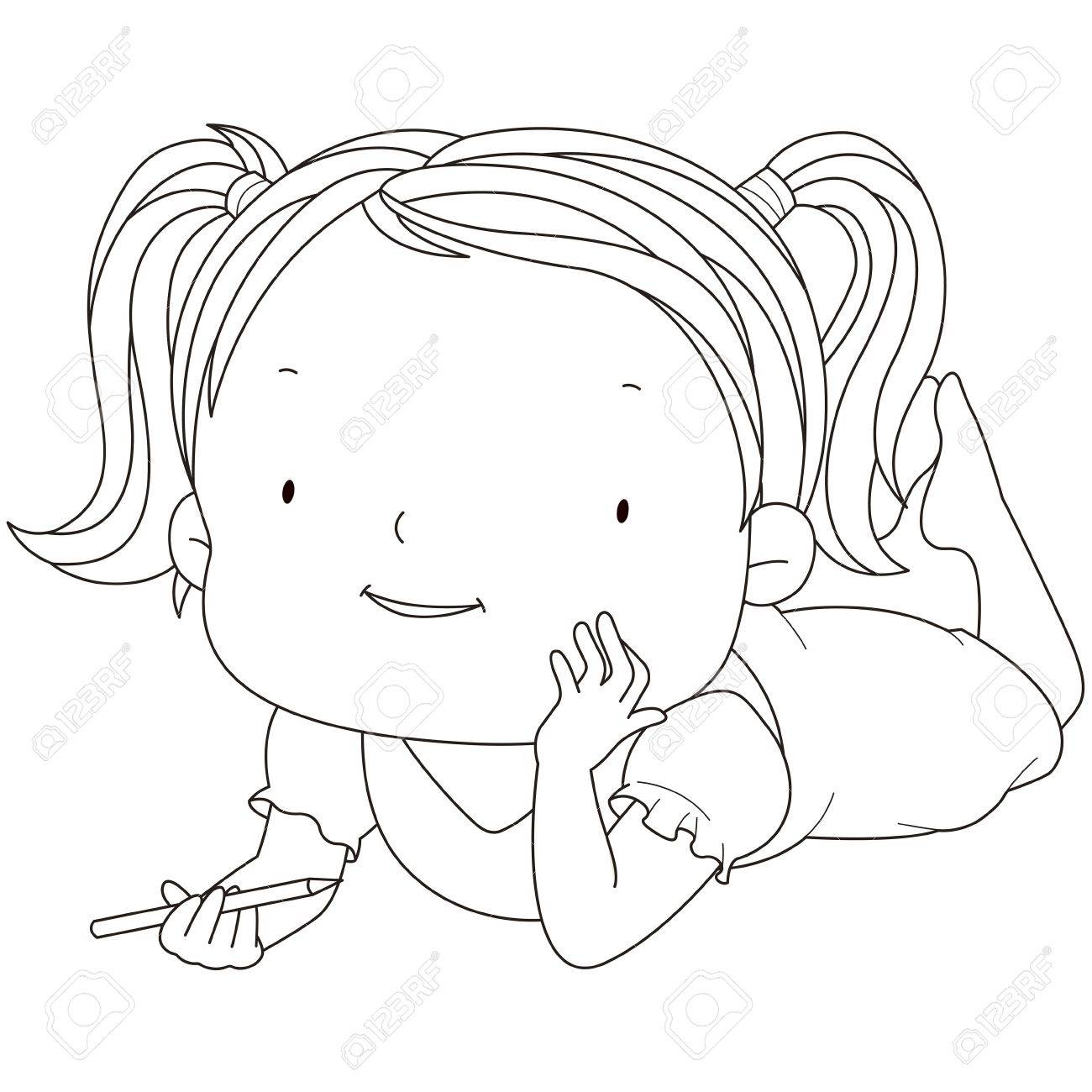 鉛筆でかわいい子女の子のイラスト のイラスト素材 ベクタ Image