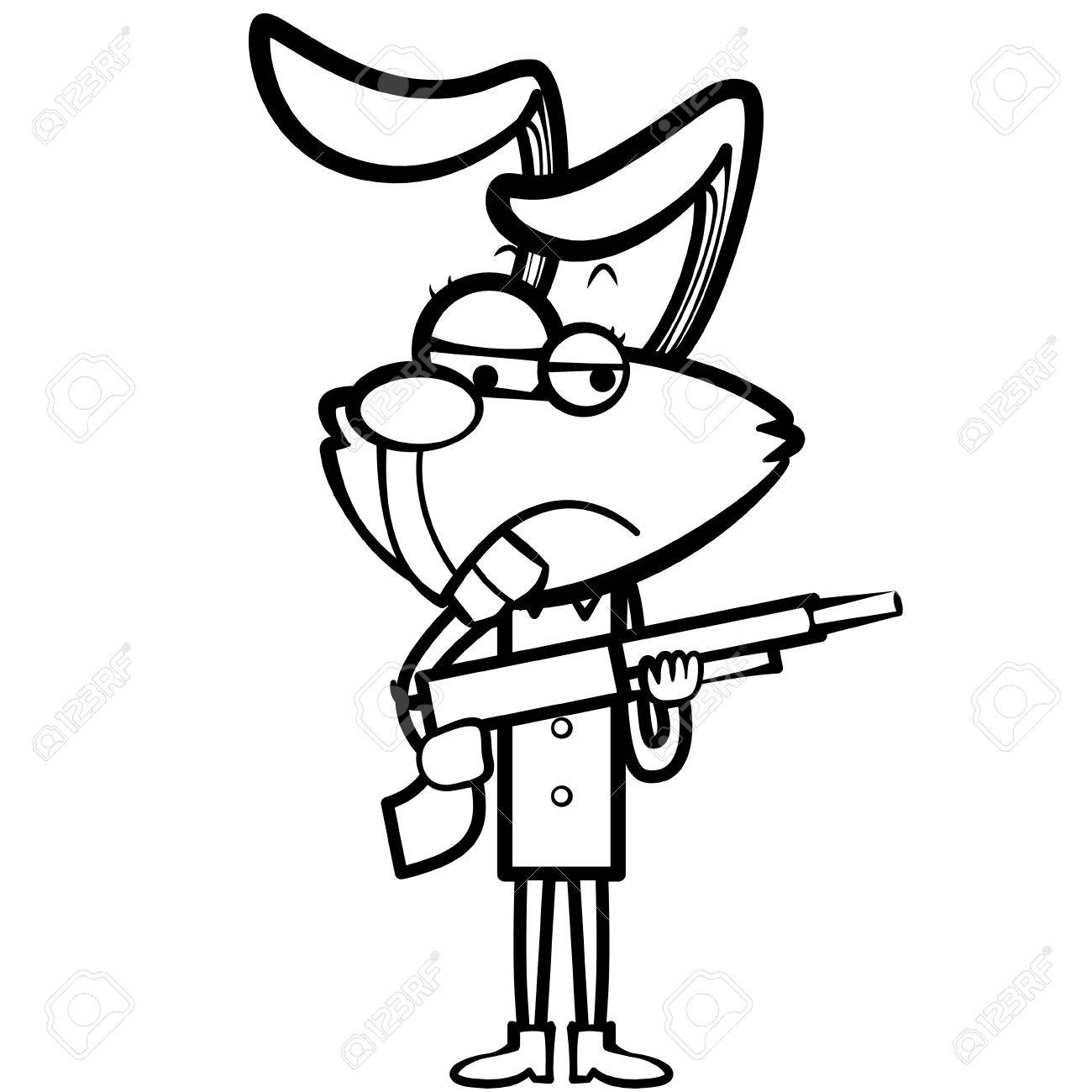 散弾銃を持つ漫画ウサギ ハンターを着色します のイラスト素材 ベクタ Image