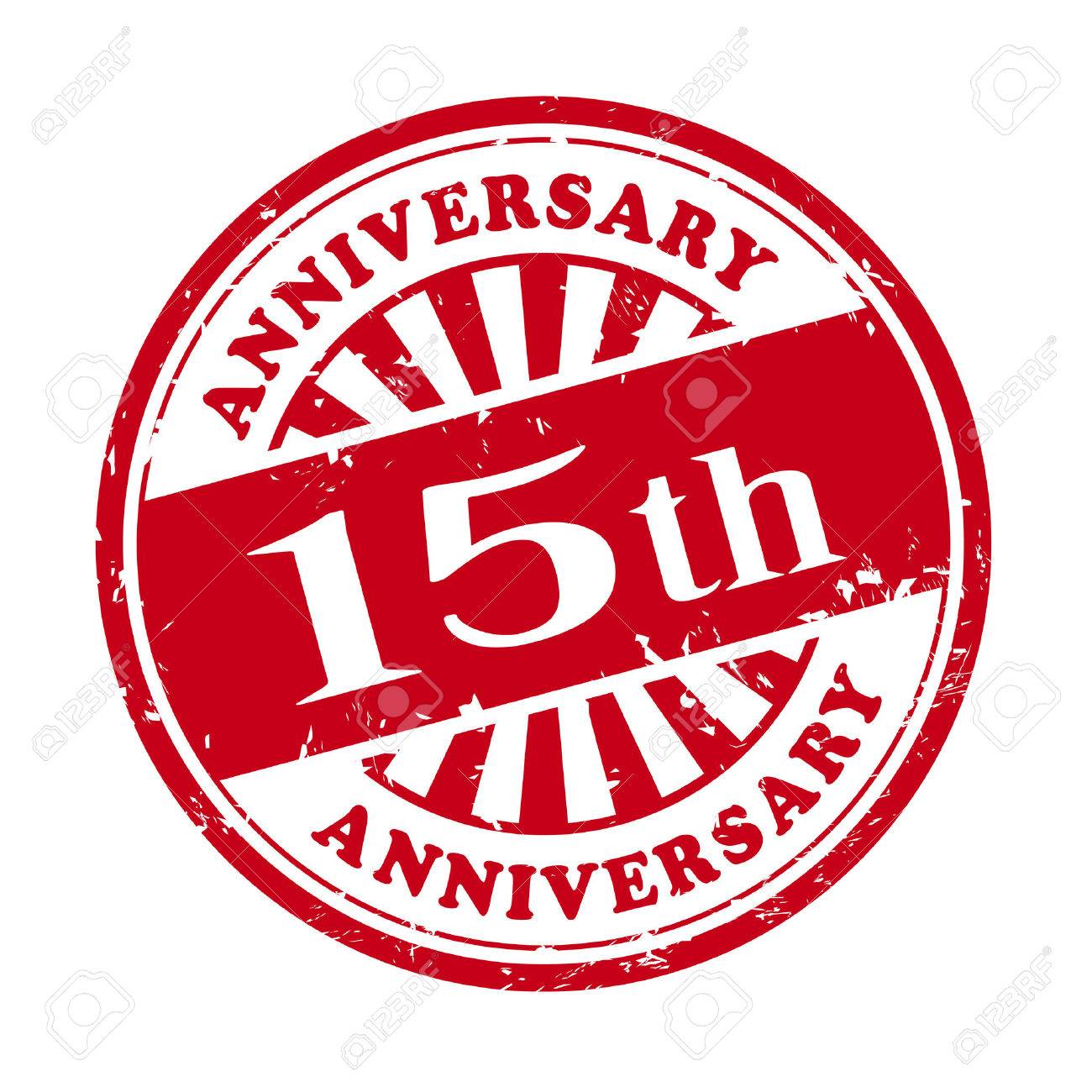 illustration of grunge rubber stamp with the text 15th anniversary