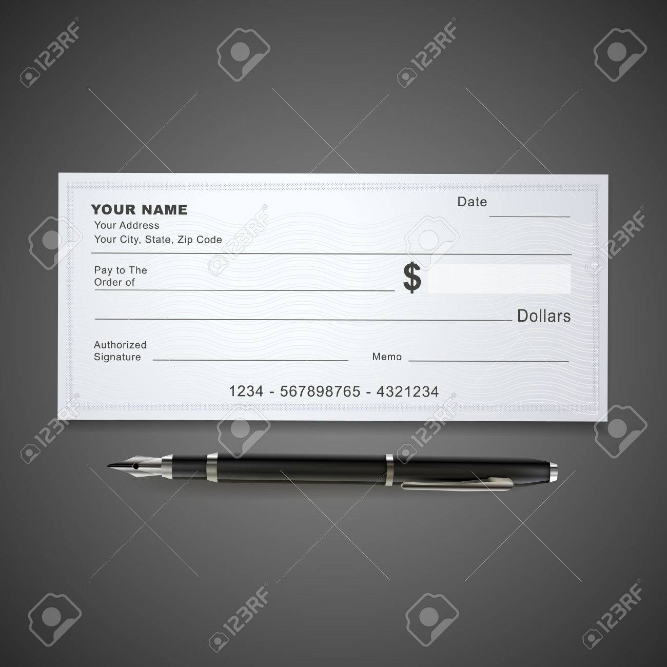 blank bank check template and pen isolated on black royalty free