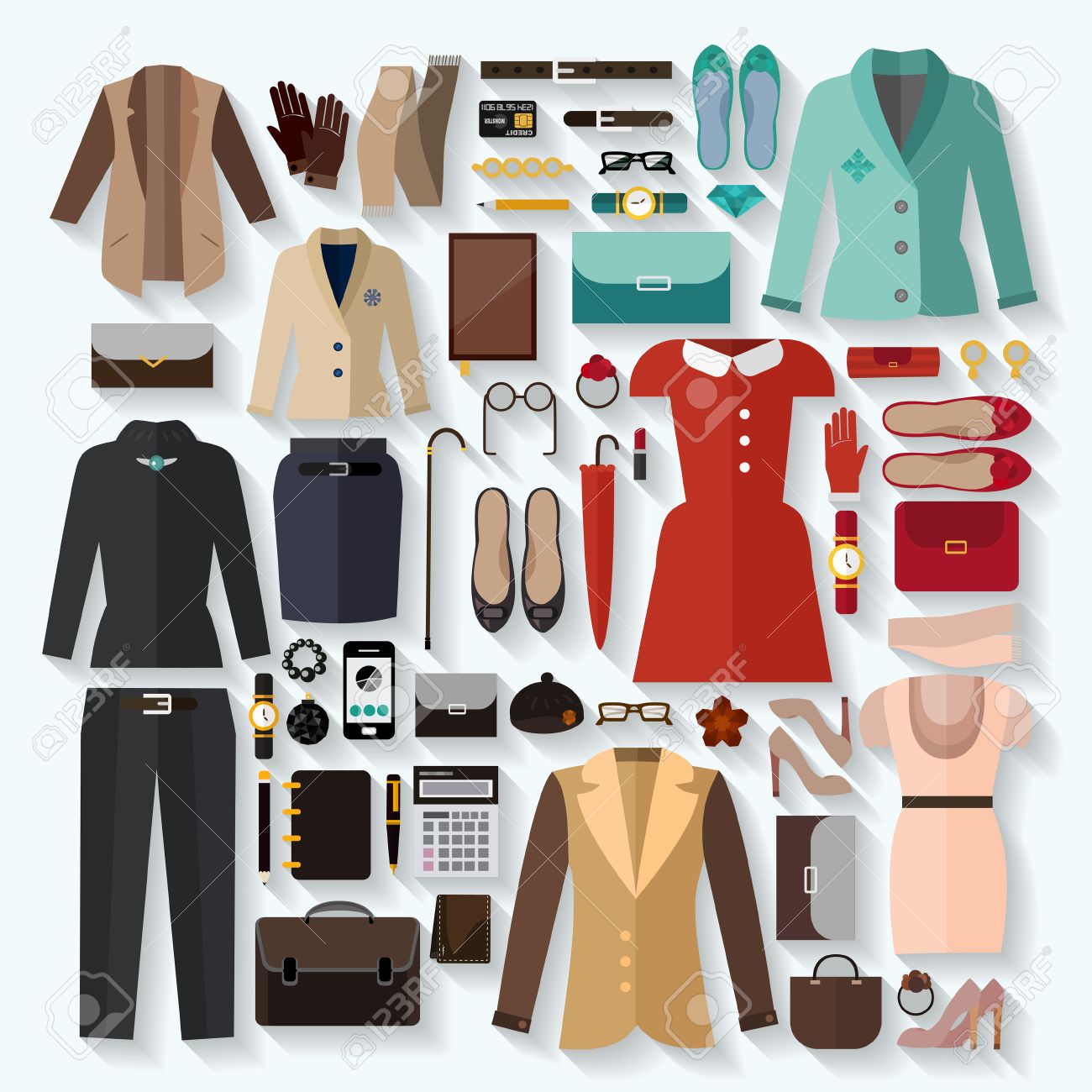fashionable women clothes icons flat set over white background
