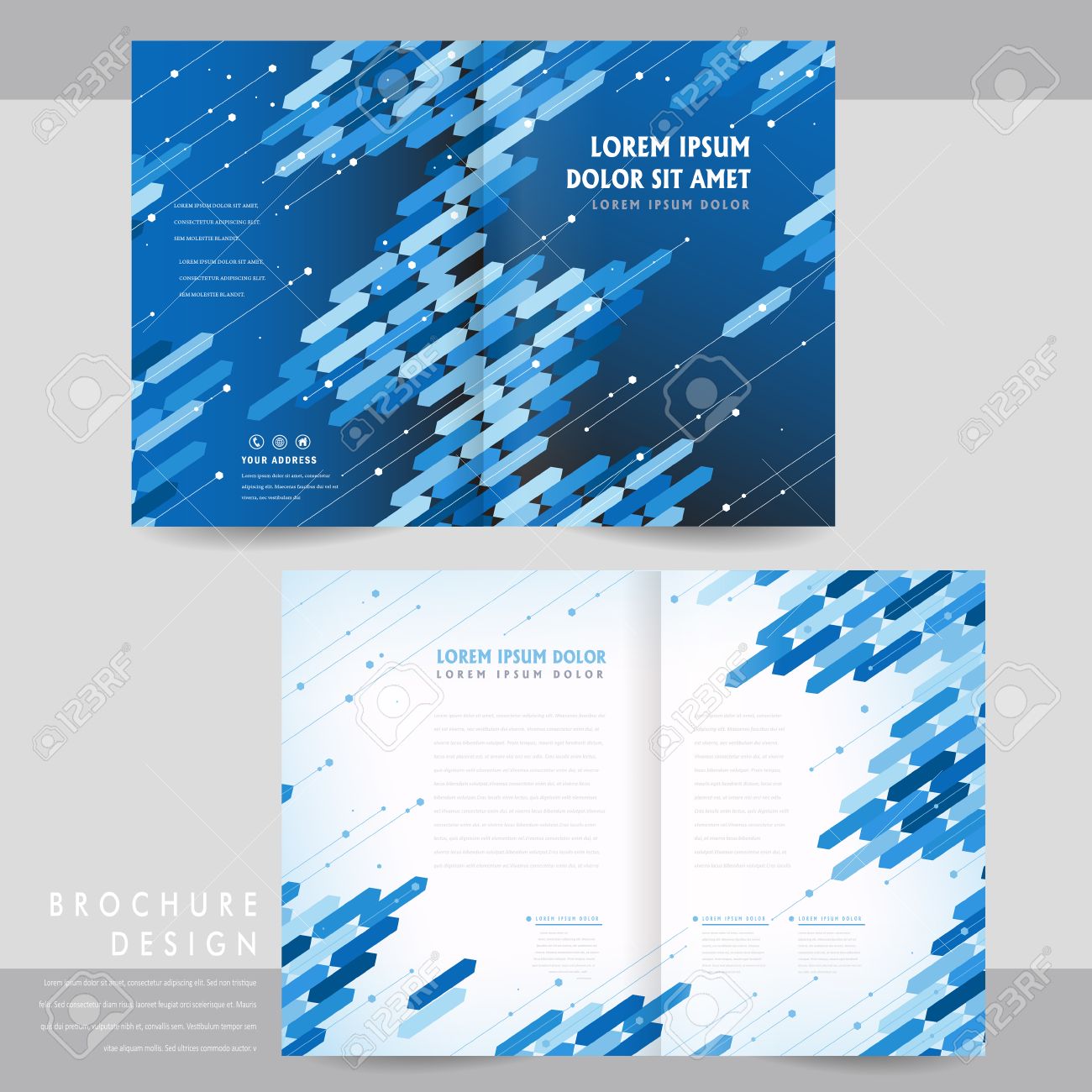 high tech half fold brochure template design with blue geometric