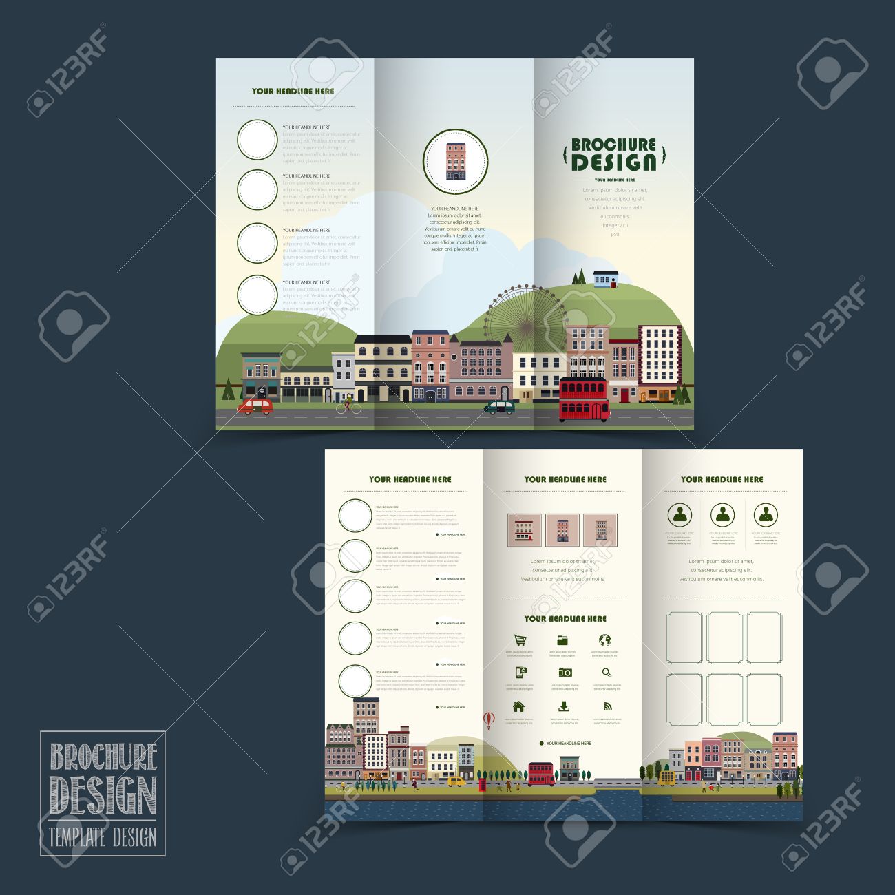 adorable town scenery tri fold brochure template in flat design flat brochure design