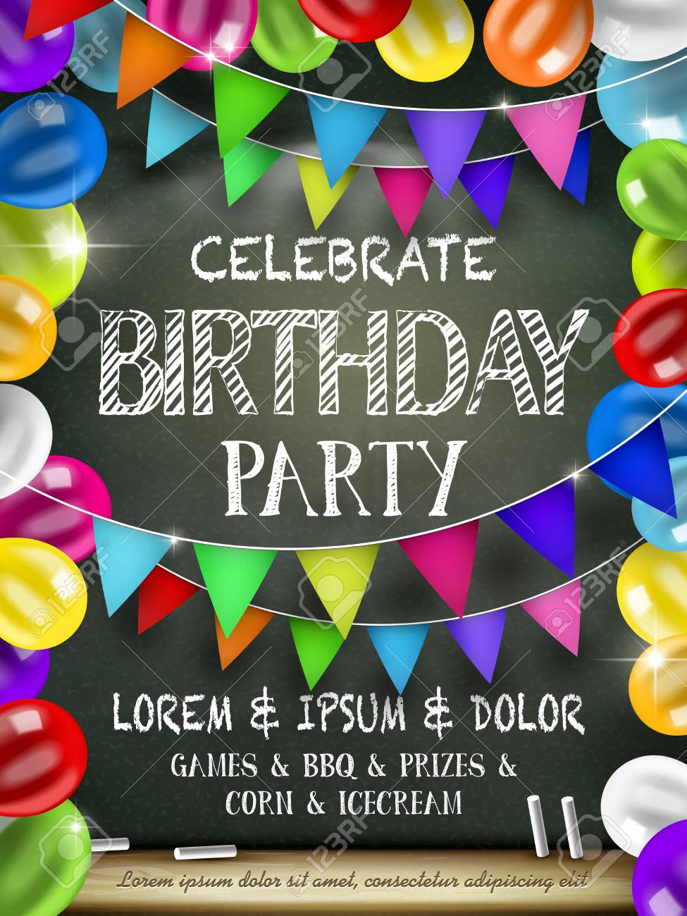 Affiche Attrayante Anniversaire Celebration De Fete Avec Des Ballons Colores Sur Tableau Noir Clip Art Libres De Droits Vecteurs Et Illustration Image