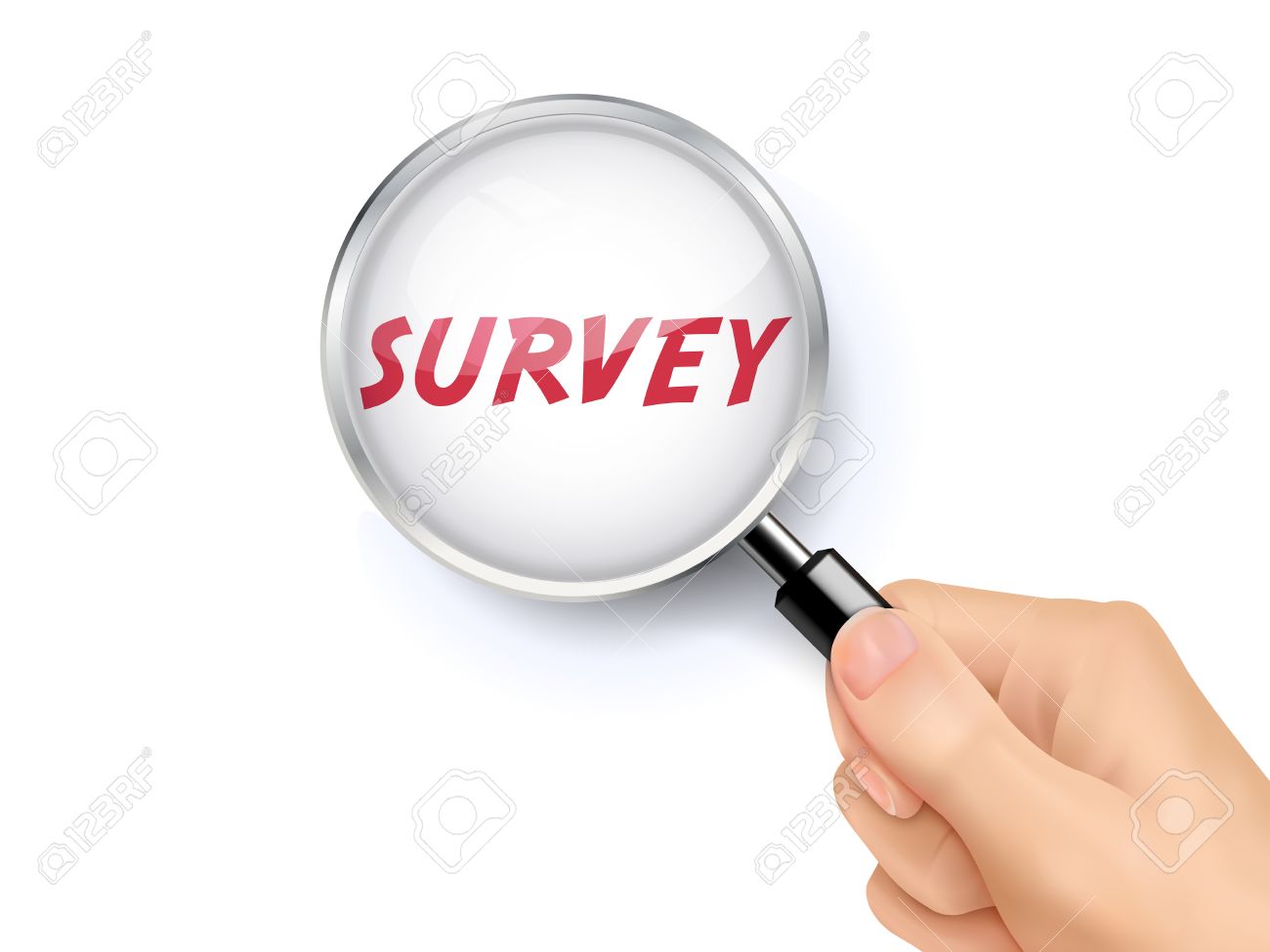 survey word showing through magnifying glass held by hand royalty survey word